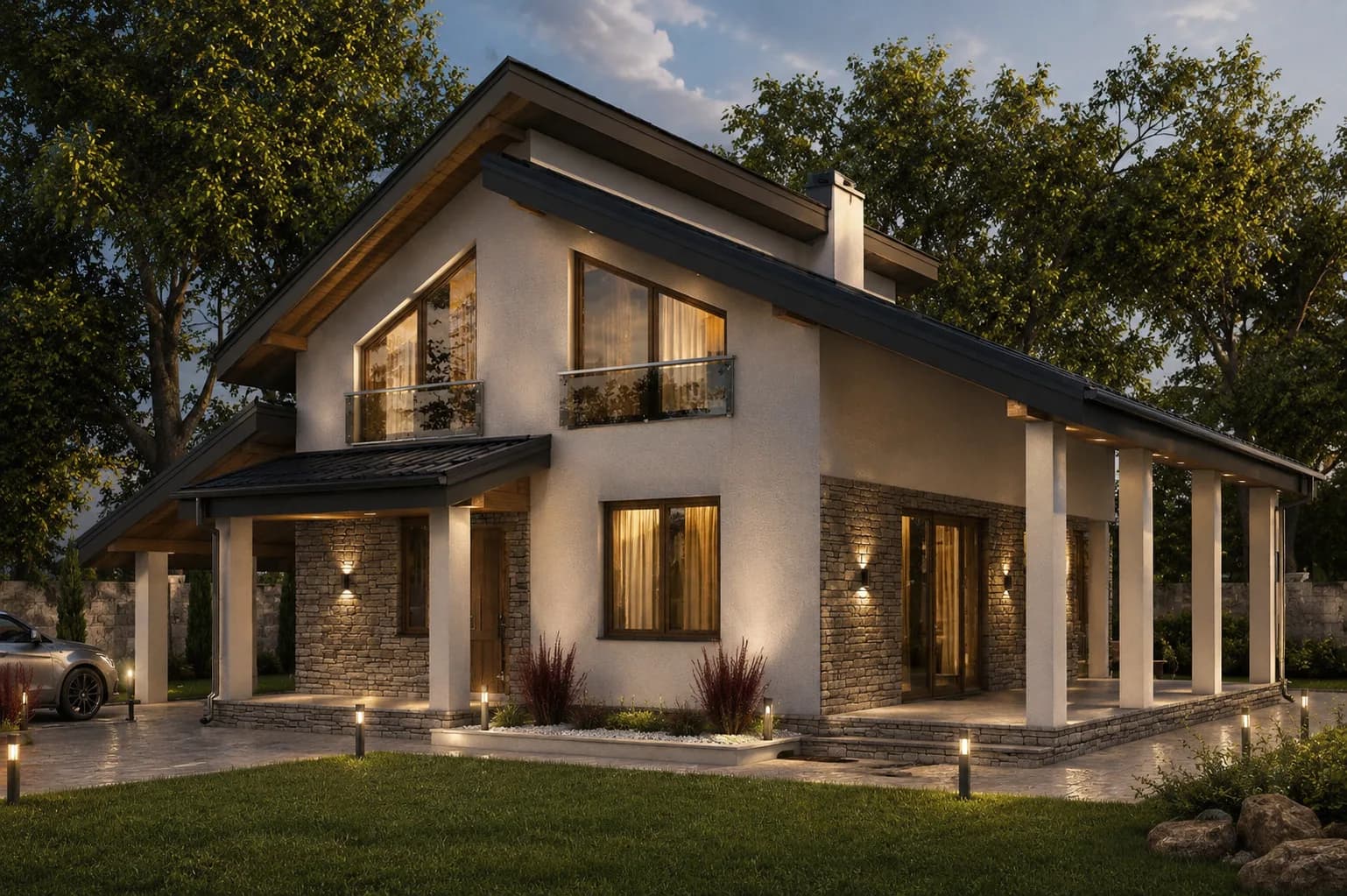 Проект дома с мансардой BURO 153 — фасад с крытой террасой
